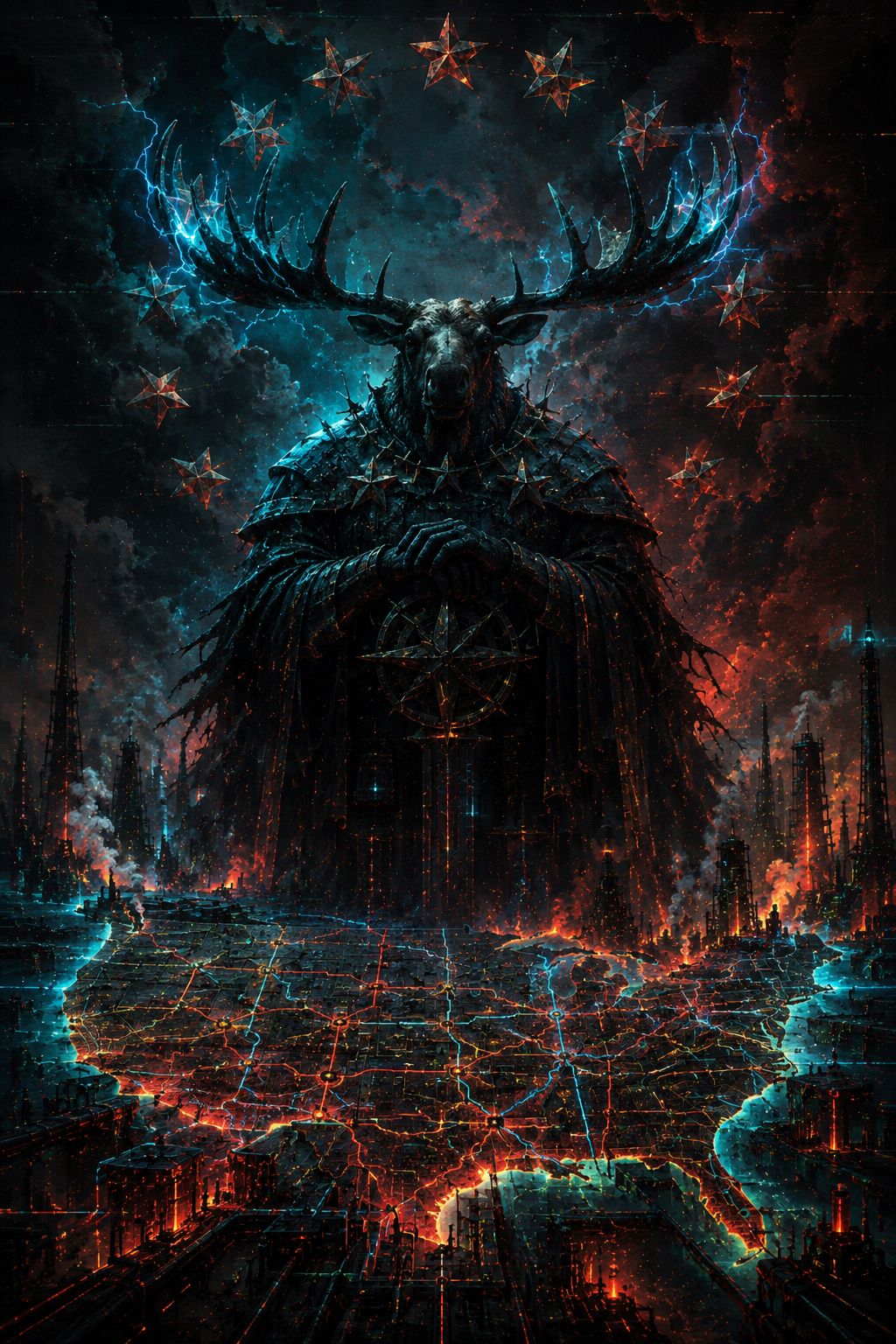 Heavy Moose guardian over an industrial continental signal grid