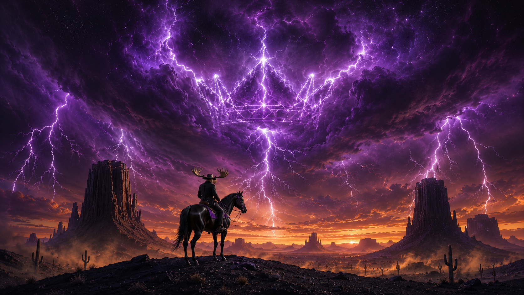 Yippee Ki-Yay concept art with electric cowboy in a desert storm